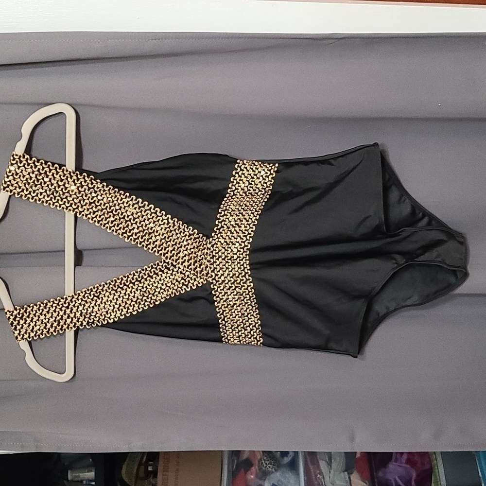 Unbranded Womens‎ Swimsuit One Piece Black W/Gold Ric A Rac Sequins Size XL EUC